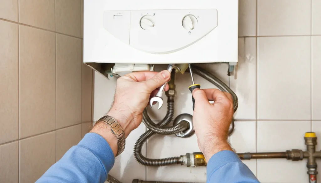 Person repairing boiler with tools.
